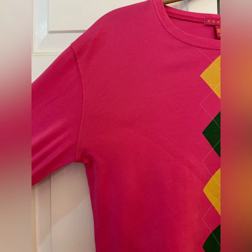 Roxie B Pink Argyle Long Sleeve Cotton Top EUC Size XL - Picture 5 of 7